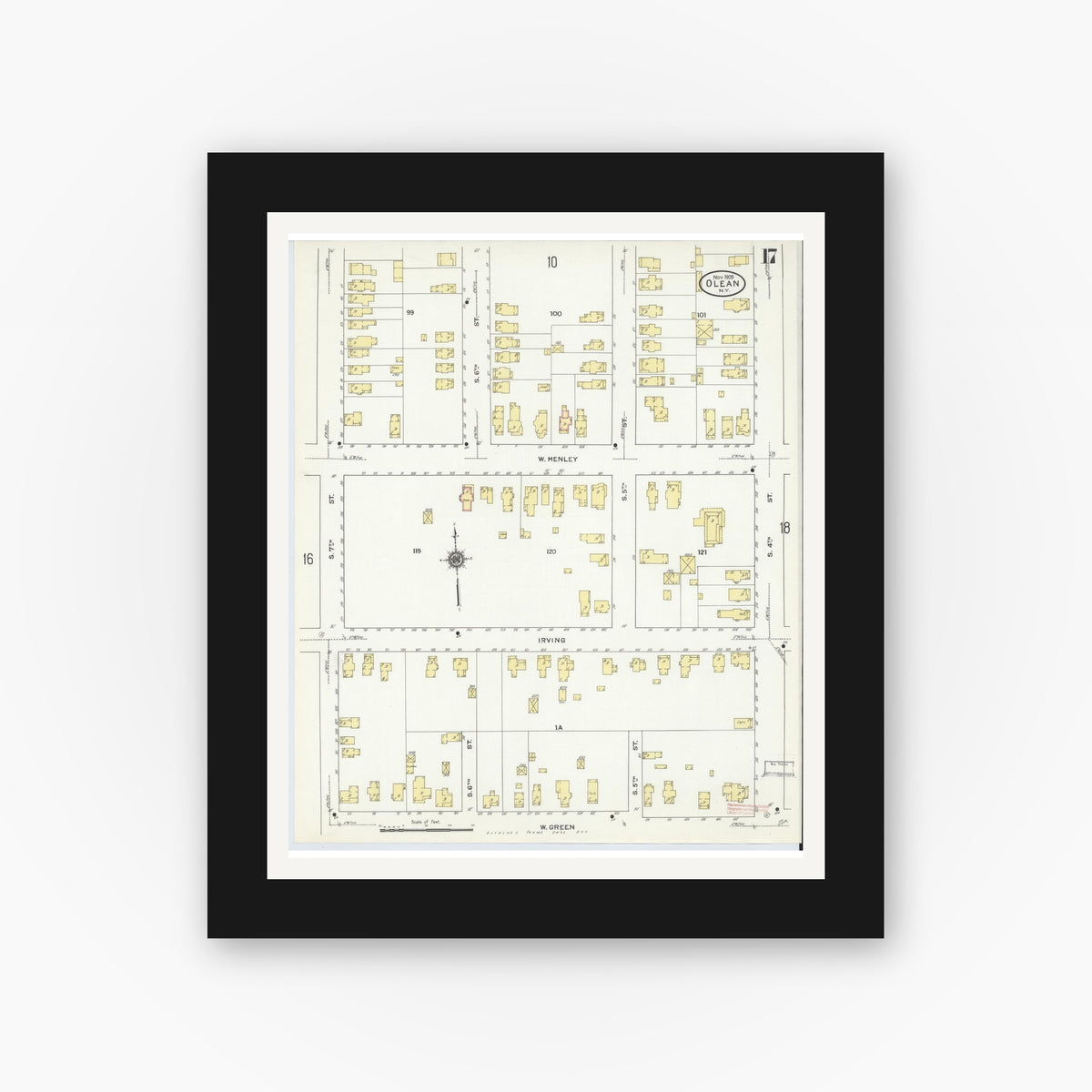 Old map wall art mockup — black gallery frame with white mat — Sanborn Fire Insurance Map from Olean, Cattaraugus County, New York (1909), Sheet #0017