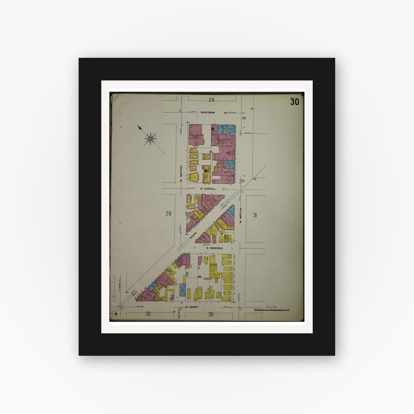 Old map wall art mockup — black gallery frame with white mat — Sanborn Fire Insurance Map from Madison, Dane County, Wisconsin (1908), Sheet #0030