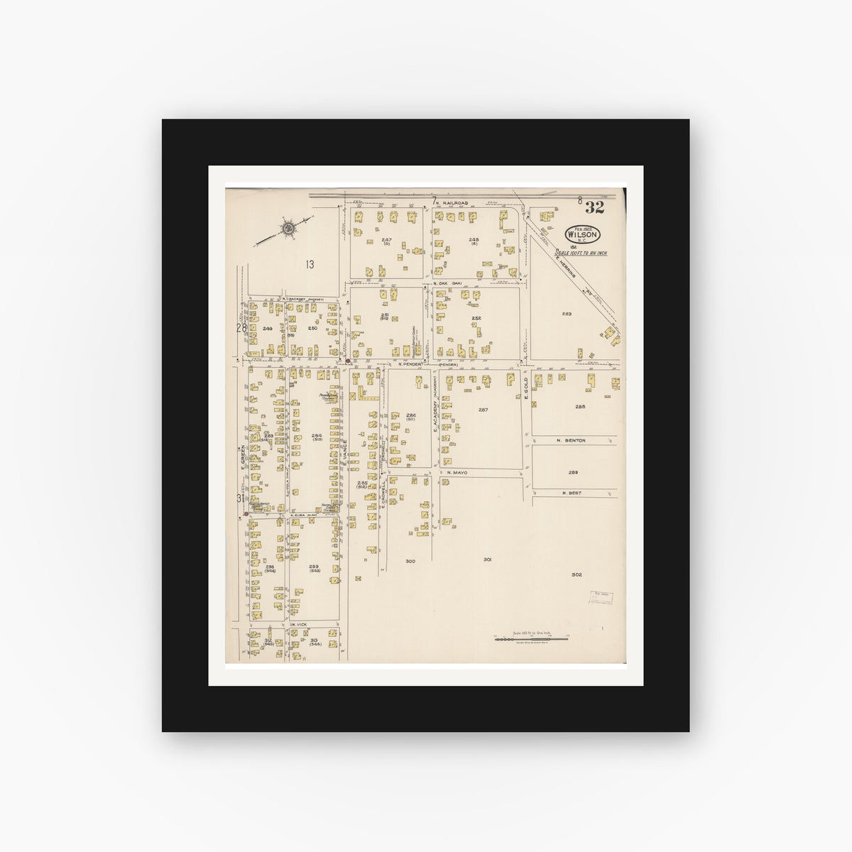 Old map wall art mockup — black gallery frame with white mat — Sanborn Fire Insurance Map from Wilson, Wilson County, North Carolina (1922), Sheet #0032