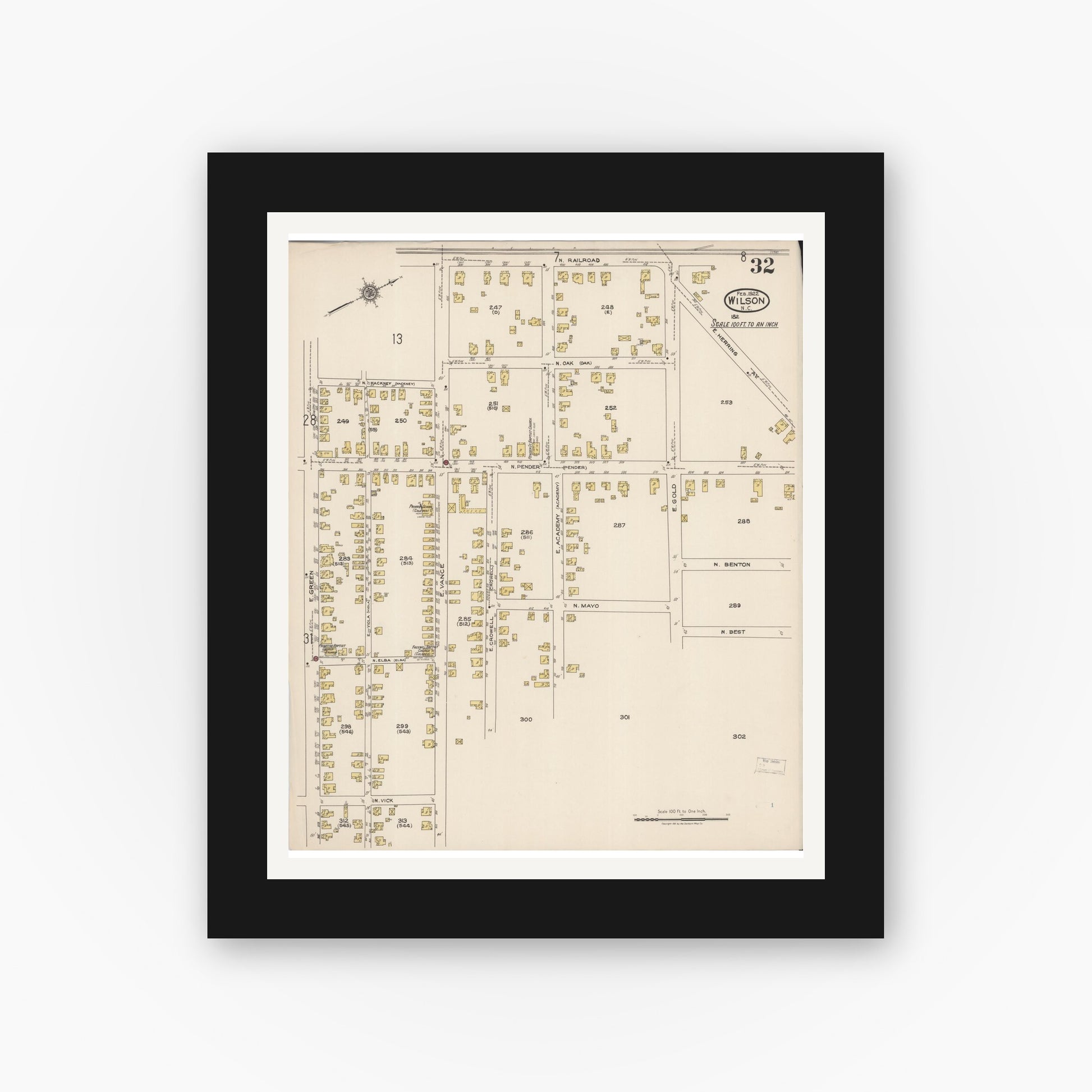 Old map wall art mockup — black gallery frame with white mat — Sanborn Fire Insurance Map from Wilson, Wilson County, North Carolina (1922), Sheet #0032