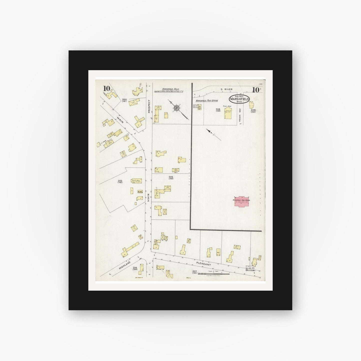 Old map wall art mockup — black gallery frame with white mat — Sanborn Fire Insurance Map from Marshfield, Plymouth County, Massachusetts (1925), Sheet #0010
