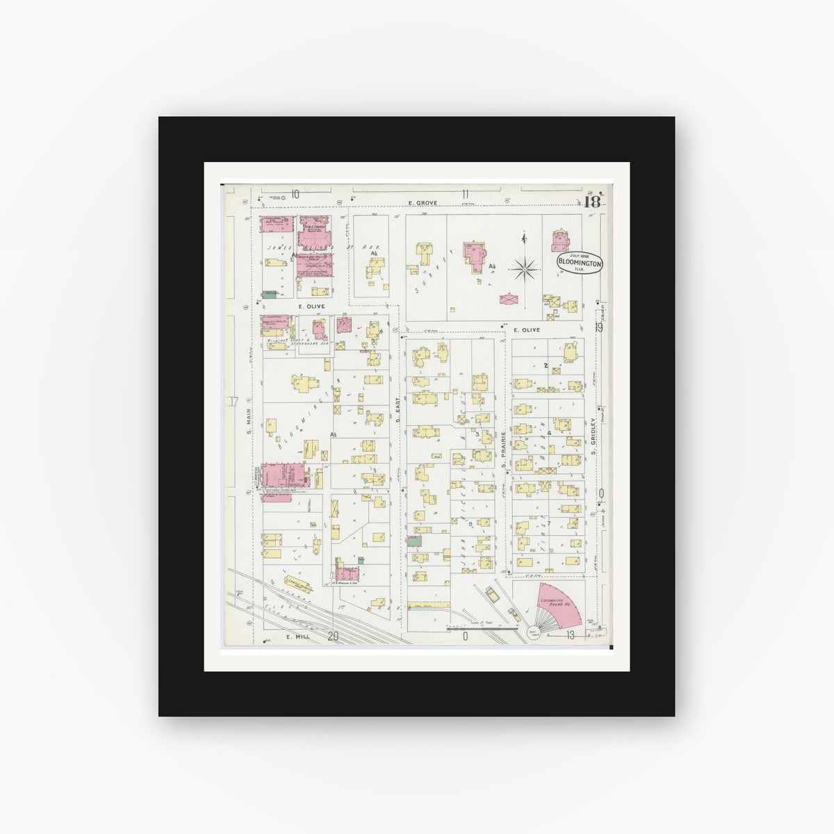 Old map wall art mockup — black gallery frame with white mat — Sanborn Fire Insurance Map from Bloomington, McLean County, Illinois (1896), Sheet #0018