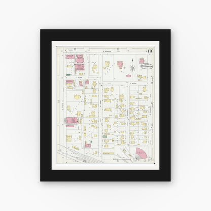Old map wall art mockup — black gallery frame with white mat — Sanborn Fire Insurance Map from Bloomington, McLean County, Illinois (1896), Sheet #0018
