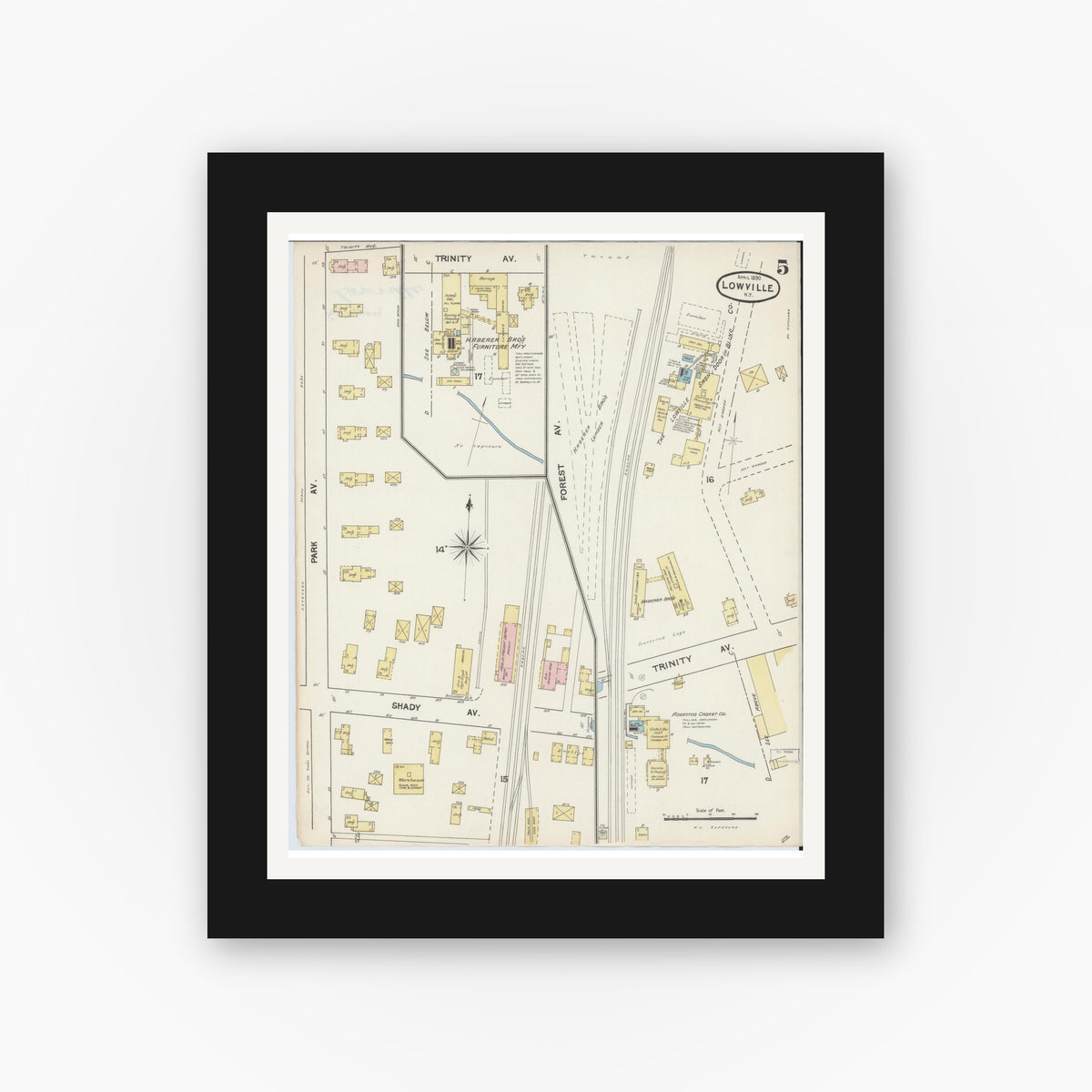 Old map wall art mockup — black gallery frame with white mat — Sanborn Fire Insurance Map from Lowville, Lewis County, New York (1890), Sheet #0005