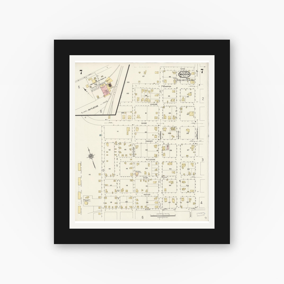 Old map wall art mockup — black gallery frame with white mat — Sanborn Fire Insurance Map from Madison, Madison County, Florida (1924), Sheet #0007