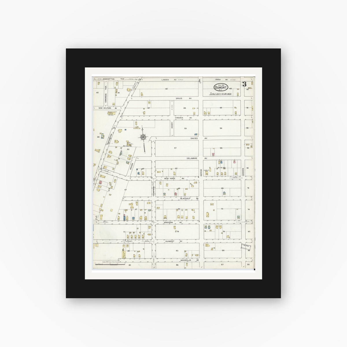 Old map wall art mockup — black gallery frame with white mat — Sanborn Fire Insurance Map from Dumont, Bergen County, New Jersey (1916), Sheet #0003