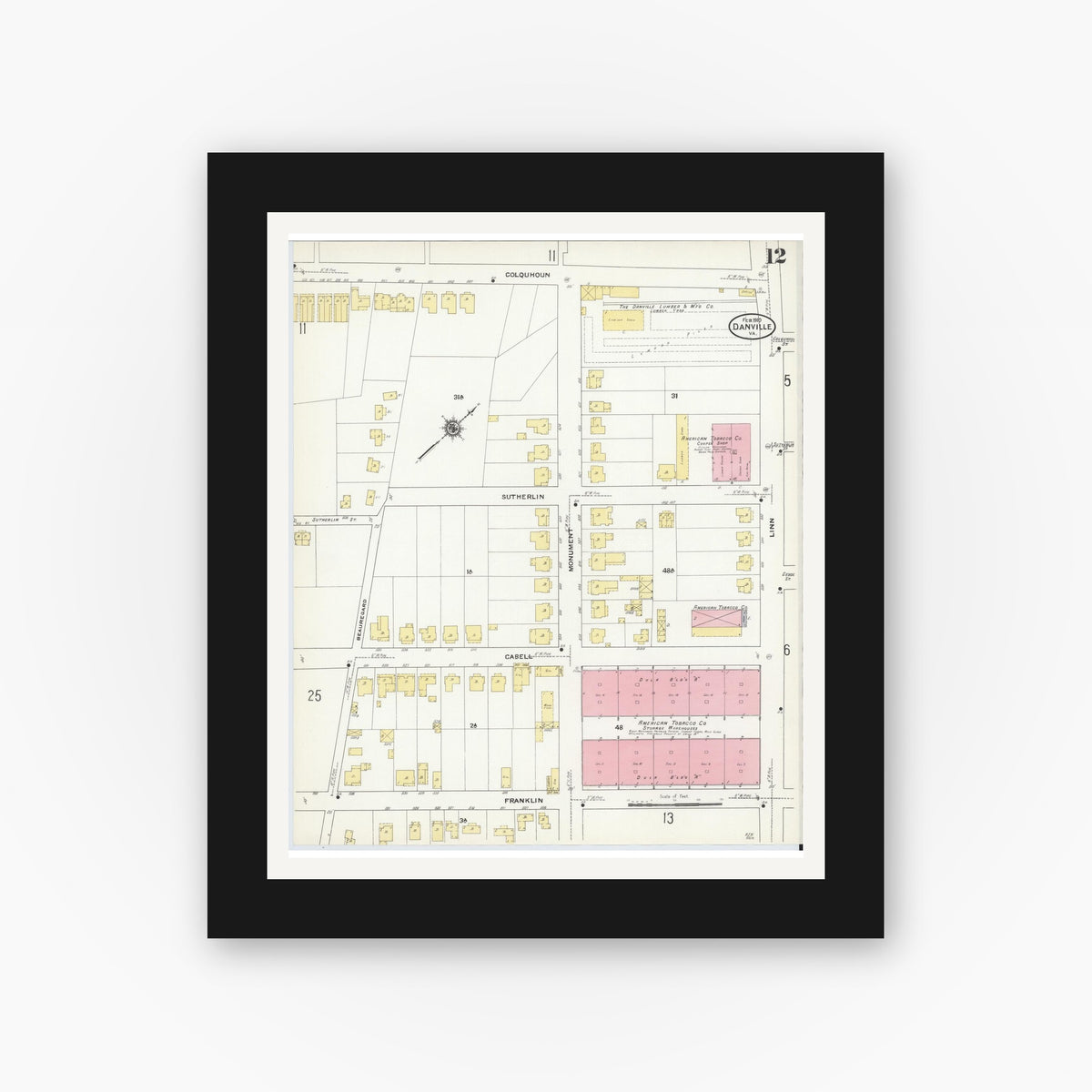 Old map wall art mockup — black gallery frame with white mat — Sanborn Fire Insurance Map from Danville, Independent Cities, Virginia (1910), Sheet #0012