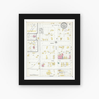 Old map wall art mockup — black gallery frame with white mat — Sanborn Fire Insurance Map from Windsor, Shelby County, Illinois (1907), Sheet #0001