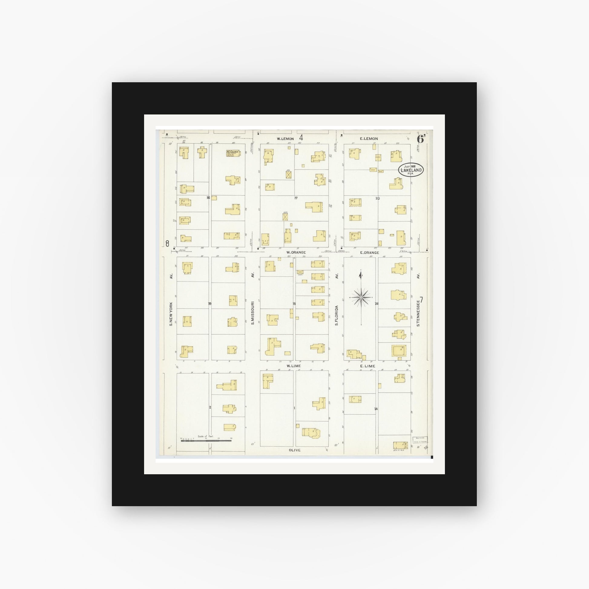 Old map wall art mockup — black gallery frame with white mat — Sanborn Fire Insurance Map from Lakeland, Polk County, Florida (1908), Sheet #0006