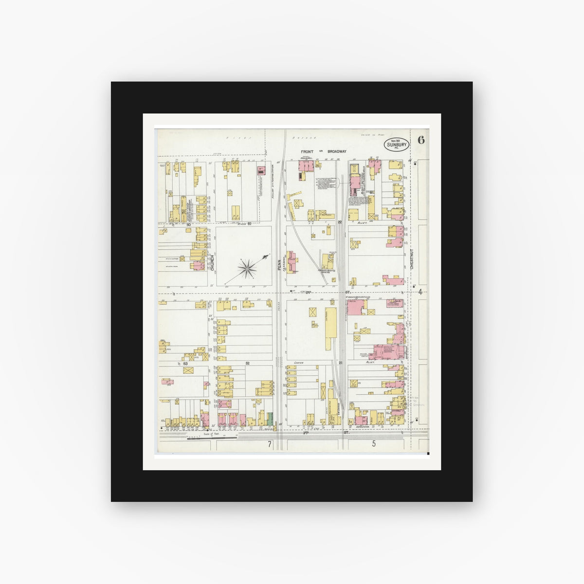 Old map wall art mockup — black gallery frame with white mat — Sanborn Fire Insurance Map from Sunbury, Northumberland County, Pennsylvania (1901), Sheet #0006
