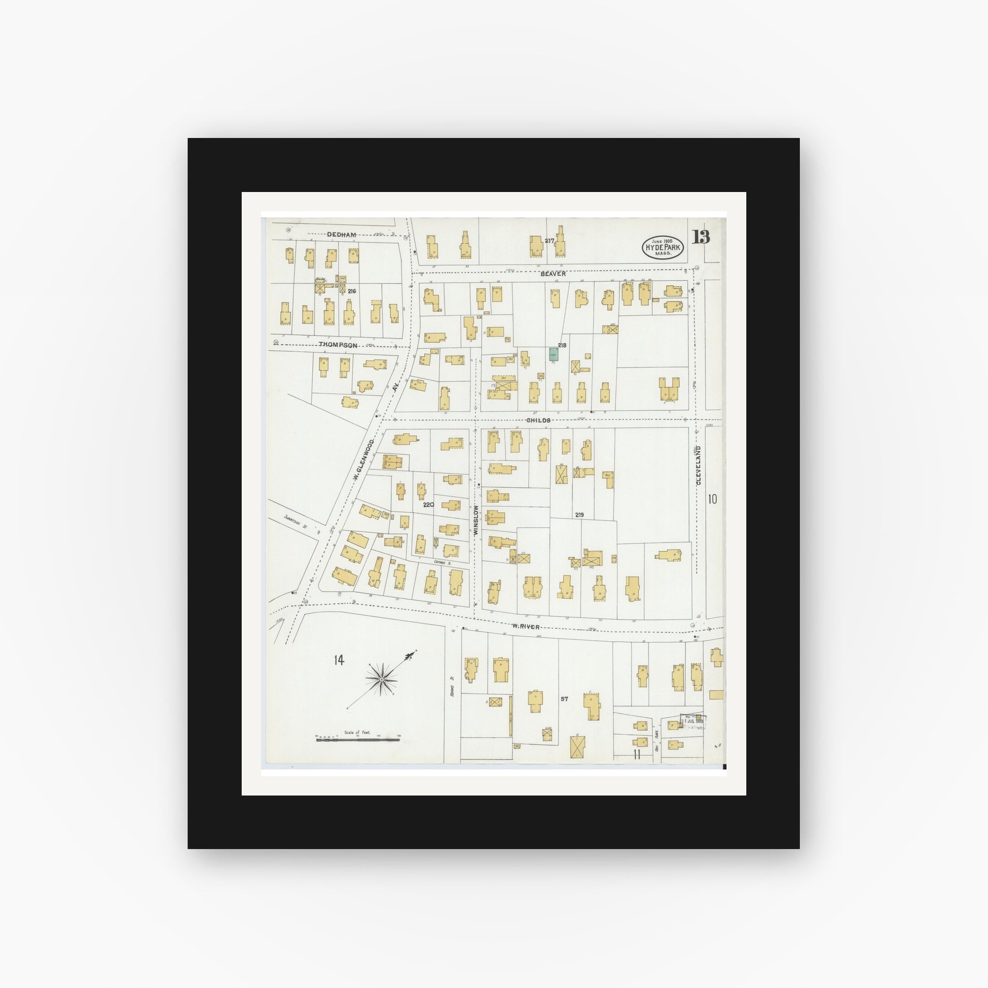 Old map wall art mockup — black gallery frame with white mat — Sanborn Fire Insurance Map from Hyde Park, Norfolk County, Massachusetts (1905), Sheet #0013