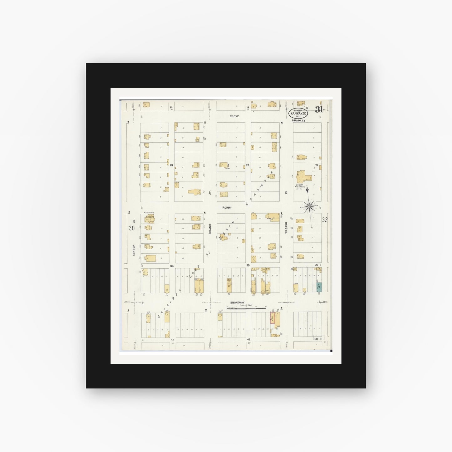 Old map wall art mockup — black gallery frame with white mat — Sanborn Fire Insurance Map from Kankakee, Kankakee County, Illinois (1907), Sheet #0031