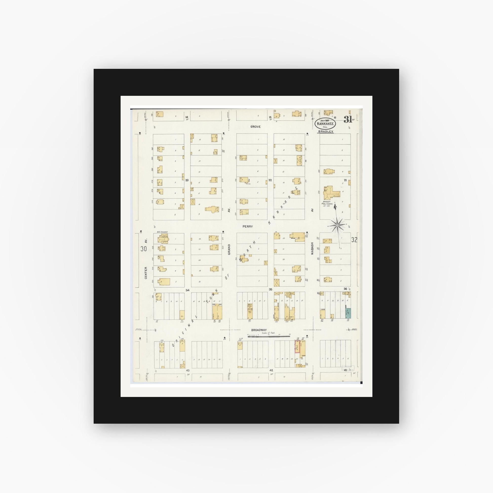 Old map wall art mockup — black gallery frame with white mat — Sanborn Fire Insurance Map from Kankakee, Kankakee County, Illinois (1907), Sheet #0031