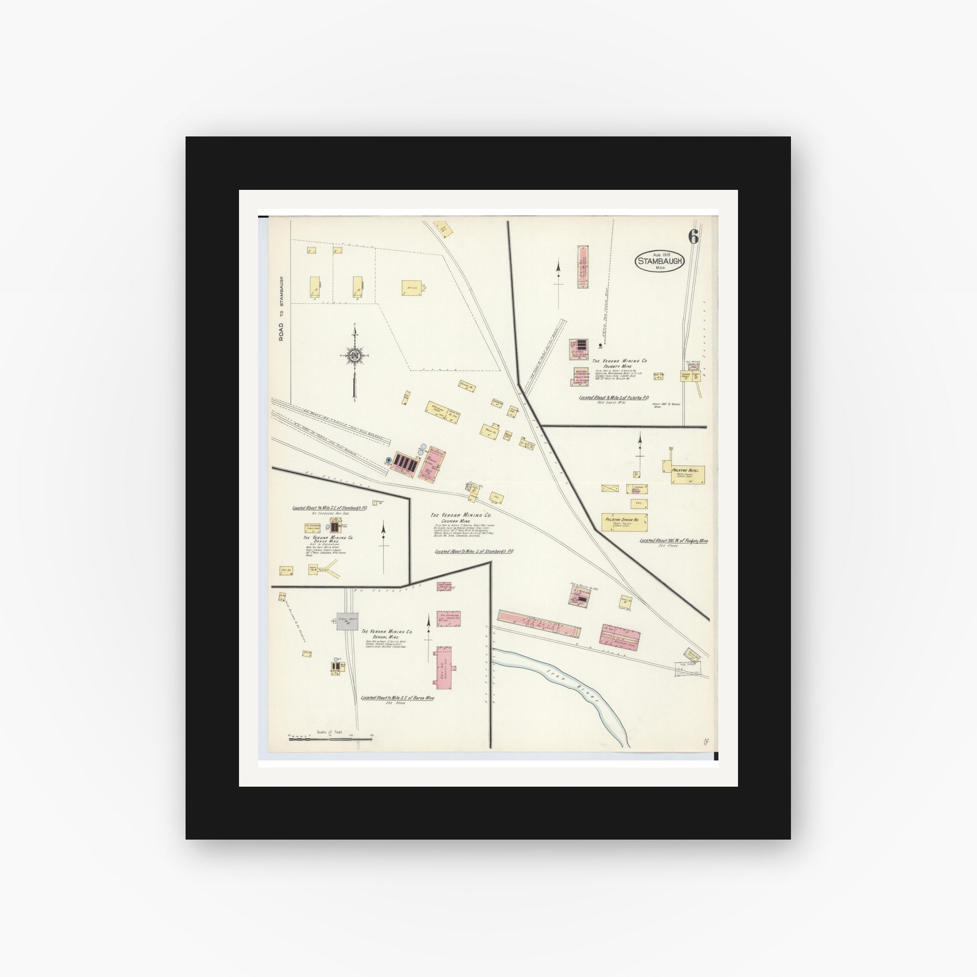 Old map wall art mockup — black gallery frame with white mat — Sanborn Fire Insurance Map from Stambaugh, Iron County, Michigan (1913), Sheet #0006