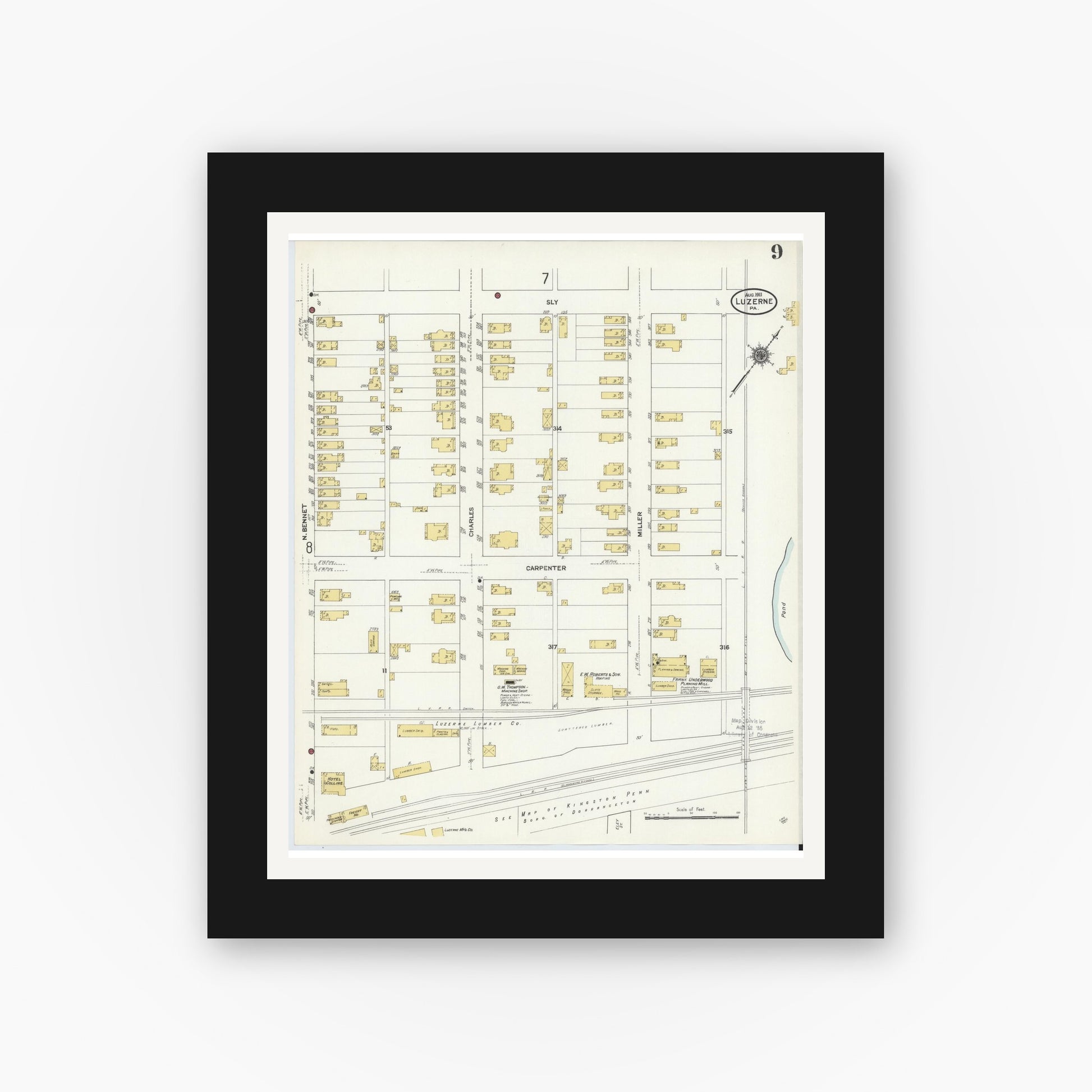 Old map wall art mockup — black gallery frame with white mat — Sanborn Fire Insurance Map from Luzerne, Luzerne County, Pennsylvania (1911), Sheet #0009