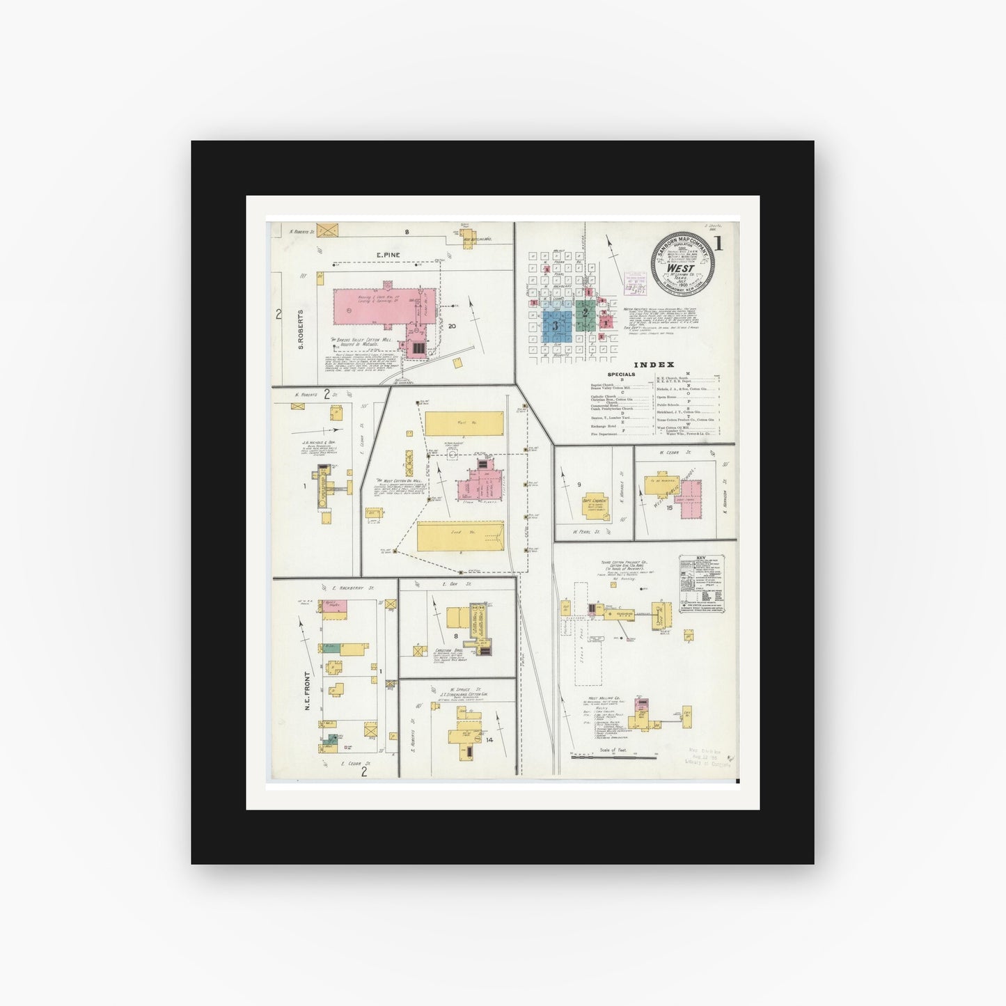 Old map wall art mockup — black gallery frame with white mat — Sanborn Fire Insurance Map from West, McLennan County, Texas (1905) - Complete Map Set