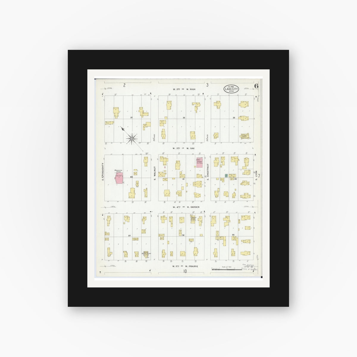 Old map wall art mockup — black gallery frame with white mat — Sanborn Fire Insurance Map from Lake City, Wabasha County, Minnesota (1909), Sheet #0006