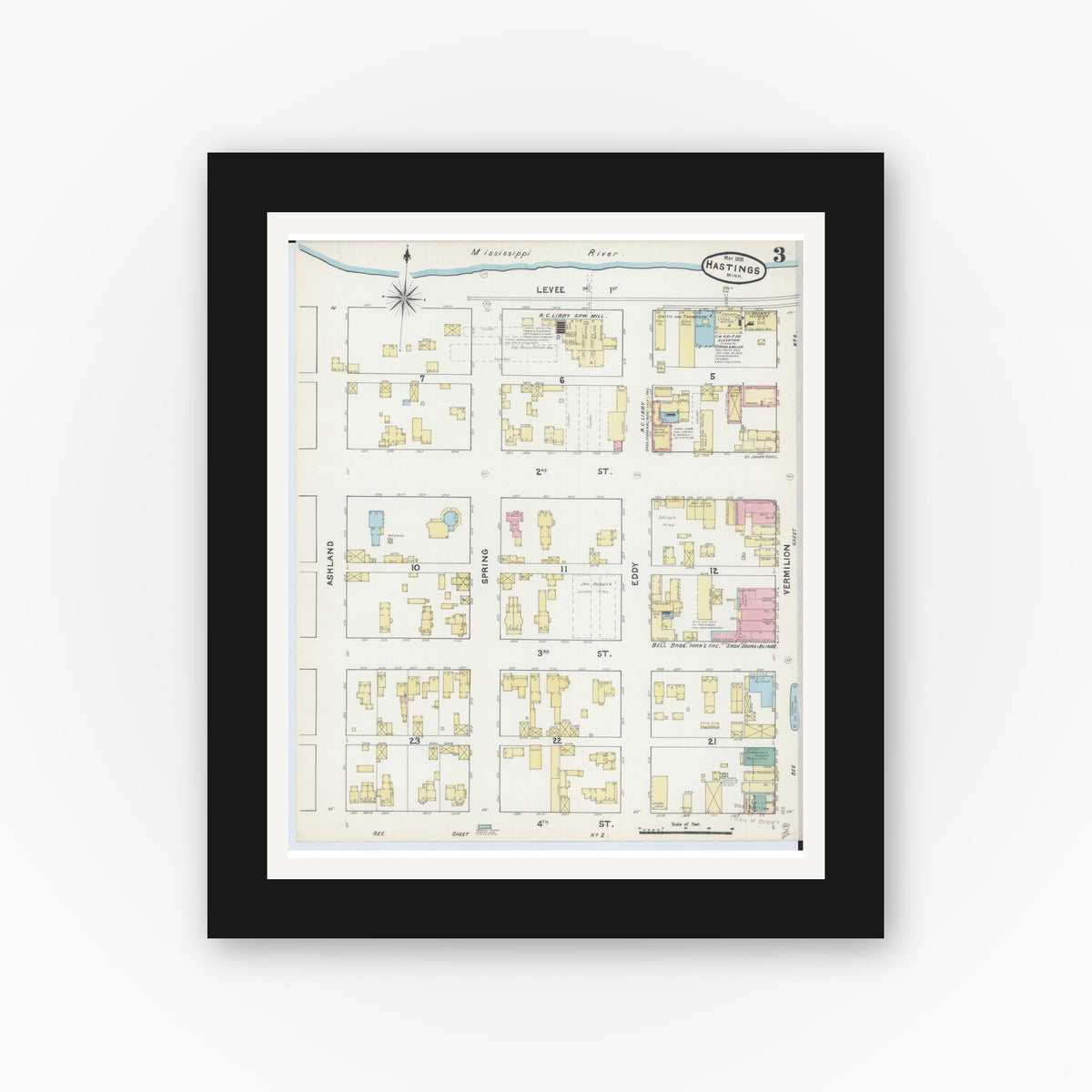 Old map wall art mockup — black gallery frame with white mat — Sanborn Fire Insurance Map from Hastings, Dakota County, Minnesota (1891), Sheet #0003