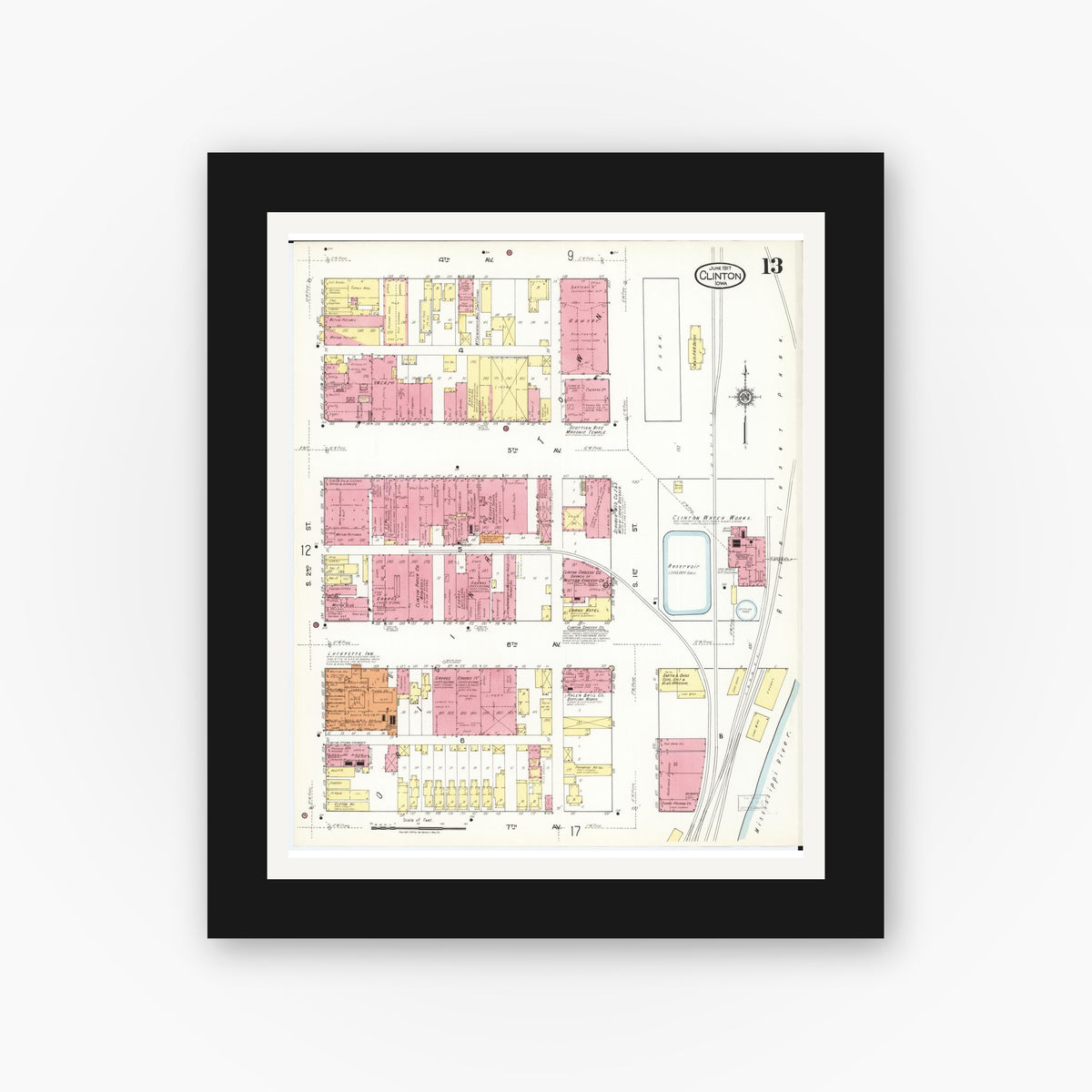 Old map wall art mockup — black gallery frame with white mat — Sanborn Fire Insurance Map from Clinton, Clinton County, Iowa (1917), Sheet #0013