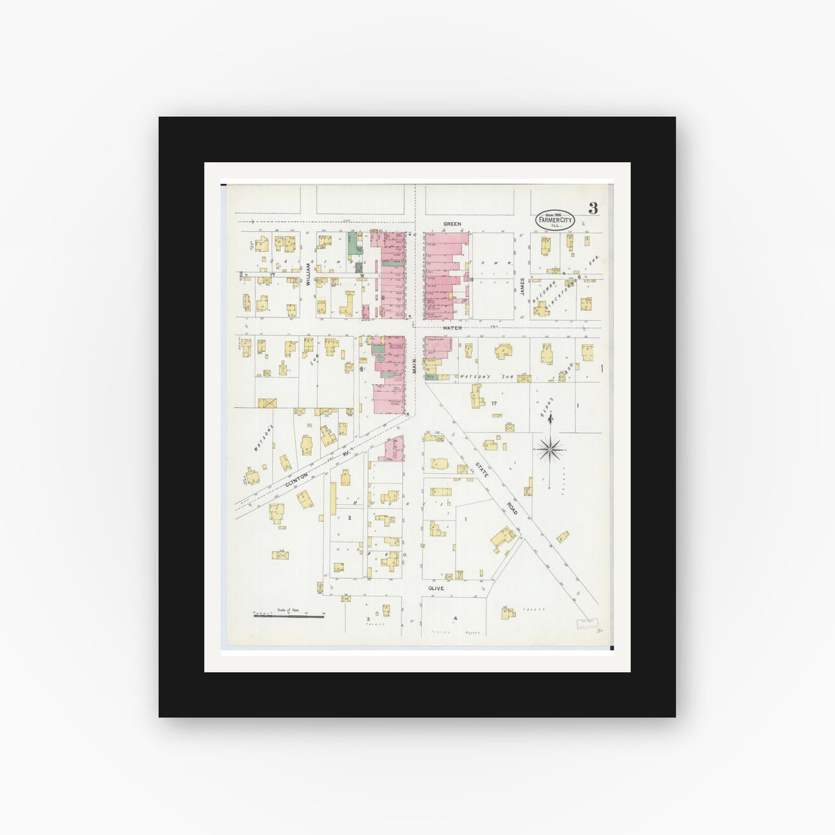 Old map wall art mockup — black gallery frame with white mat — Sanborn Fire Insurance Map from Farmer City, De Witt County, Illinois (1906), Sheet #0003