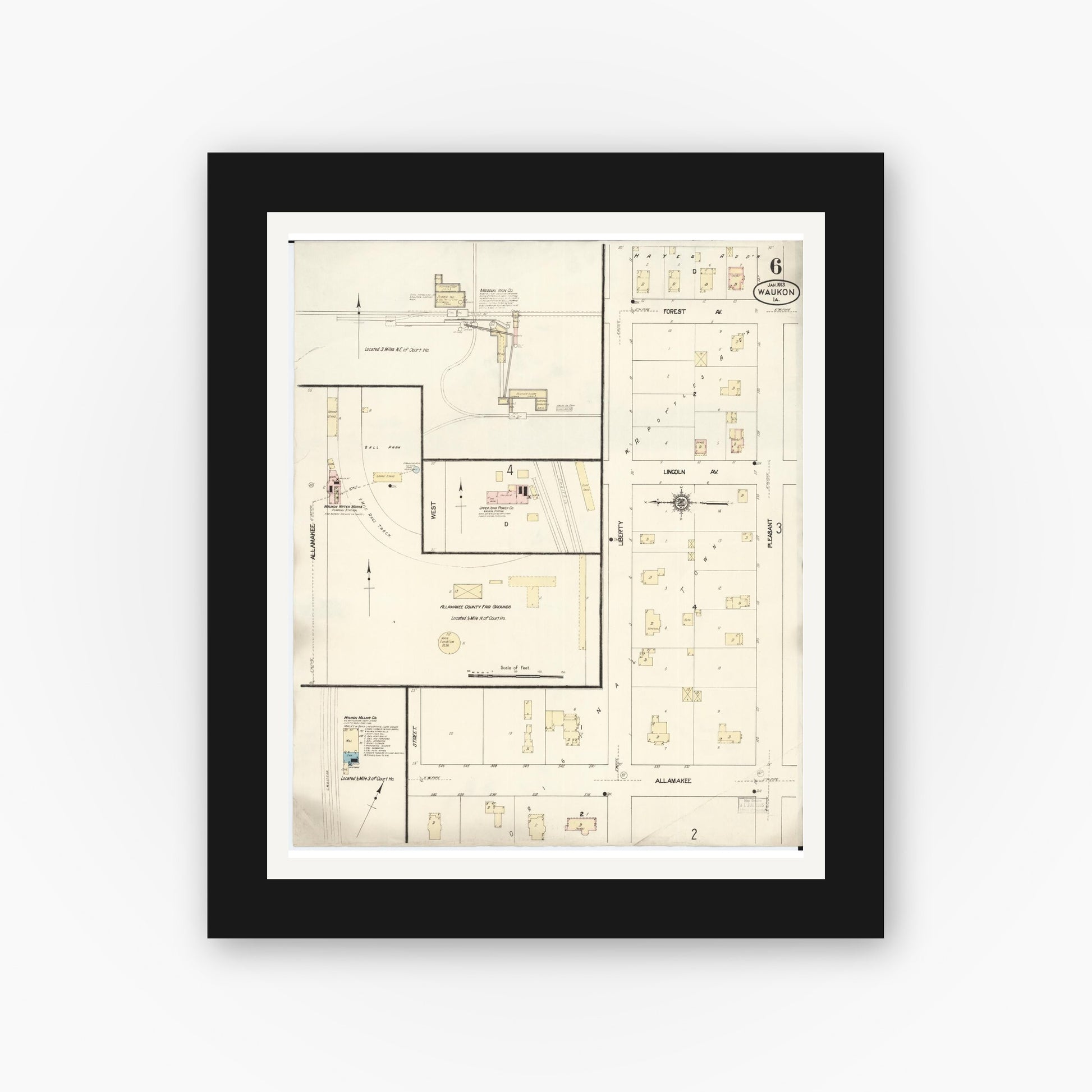 Old map wall art mockup — black gallery frame with white mat — Sanborn Fire Insurance Map from Waukon, Allamakee County, Iowa (1913), Sheet #0006