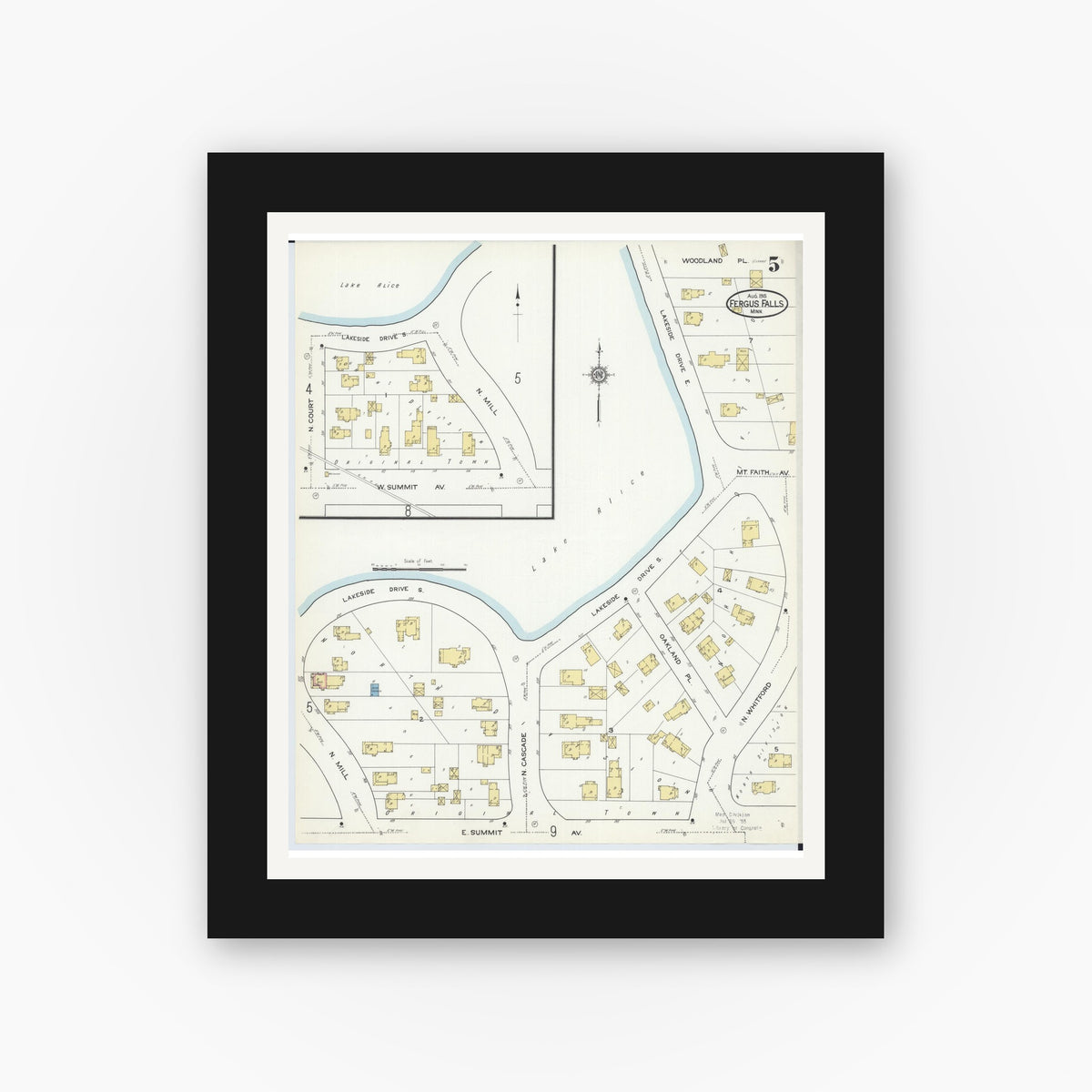 Old map wall art mockup — black gallery frame with white mat — Sanborn Fire Insurance Map from Fergus Falls, Otter Tail County, Minnesota (1915), Sheet #0005