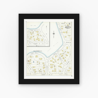 Old map wall art mockup — black gallery frame with white mat — Sanborn Fire Insurance Map from Fergus Falls, Otter Tail County, Minnesota (1915), Sheet #0005