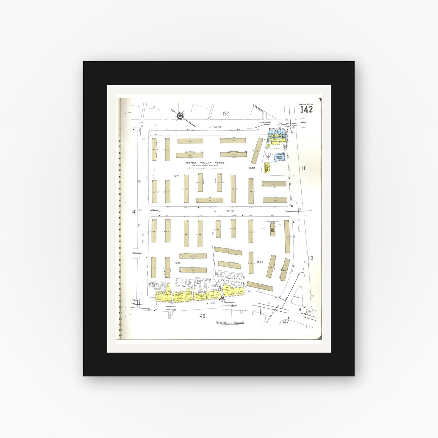 Old map wall art mockup — black gallery frame with white mat — Sanborn Fire Insurance Map from Honolulu, Oahu County, Hawaii (1955), Sheet #0142