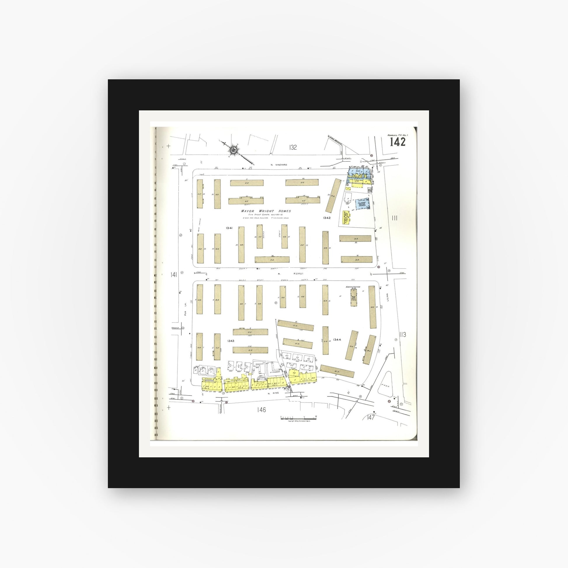 Old map wall art mockup — black gallery frame with white mat — Sanborn Fire Insurance Map from Honolulu, Oahu County, Hawaii (1955), Sheet #0142