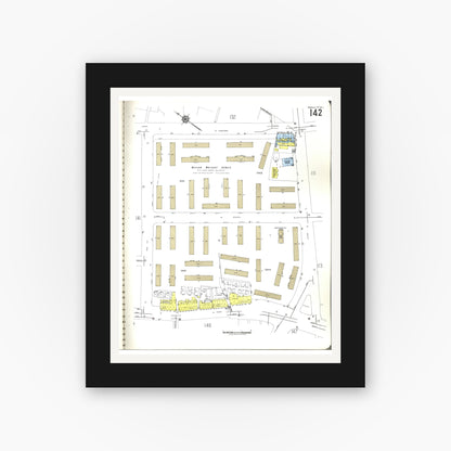 Old map wall art mockup — black gallery frame with white mat — Sanborn Fire Insurance Map from Honolulu, Oahu County, Hawaii (1955), Sheet #0142