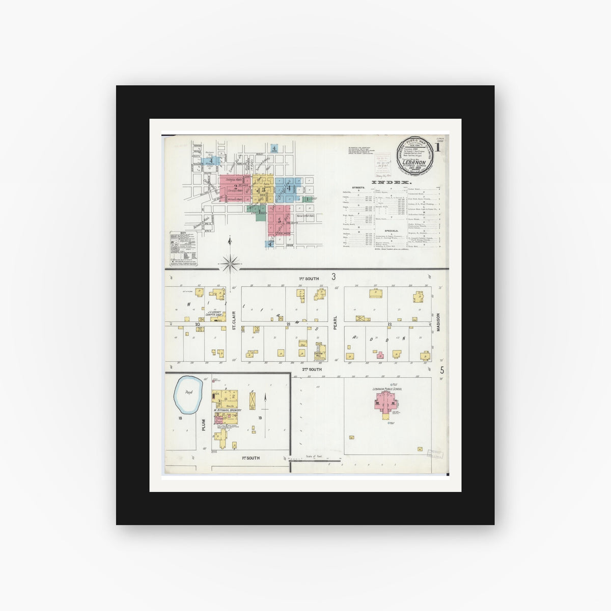 Old map wall art mockup — black gallery frame with white mat — Sanborn Fire Insurance Map from Lebanon, Saint Clair County, Illinois (1899) - Complete Map Set