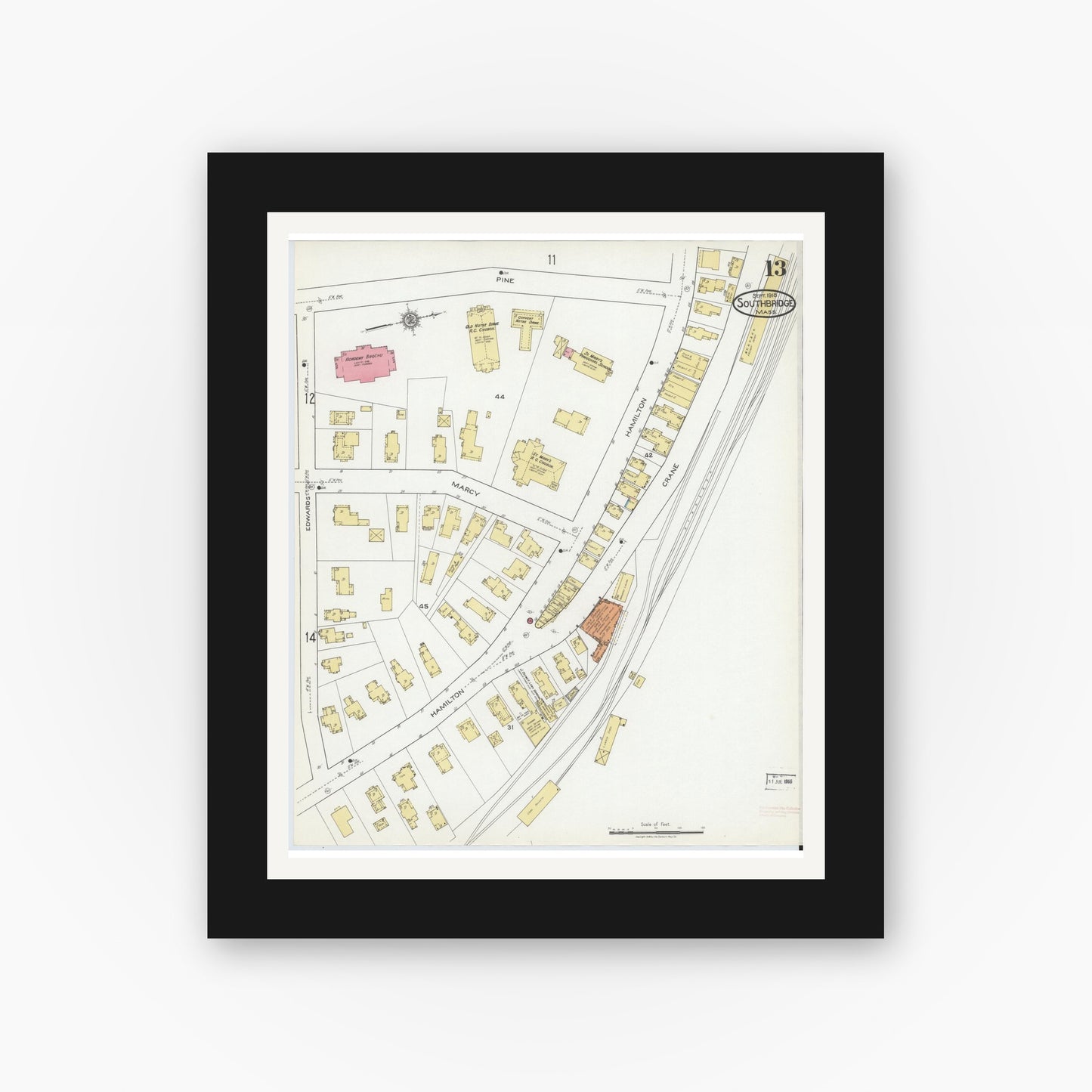 Old map wall art mockup — black gallery frame with white mat — Sanborn Fire Insurance Map from Southbridge, Worcester County, Massachusetts (1918), Sheet #0013