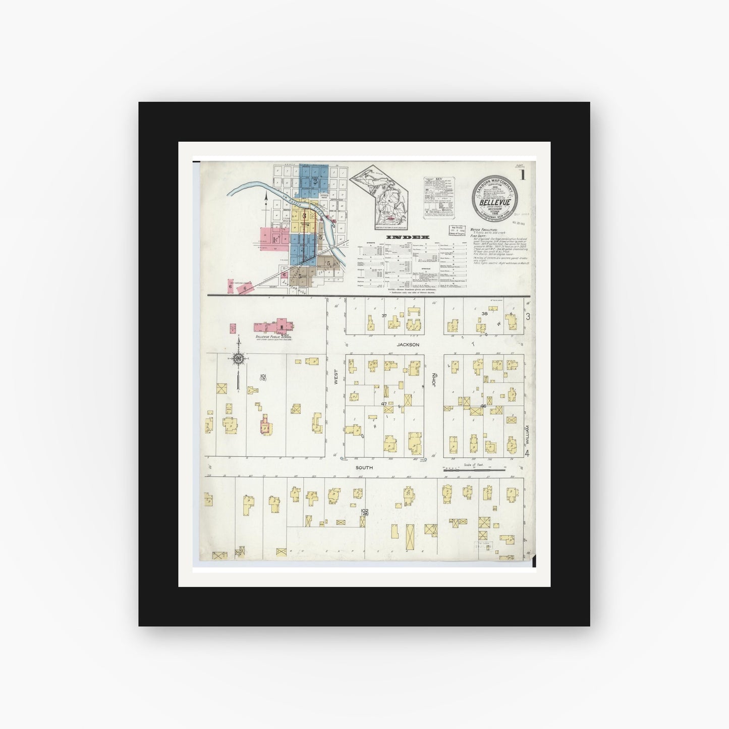 Old map wall art mockup — black gallery frame with white mat — Sanborn Fire Insurance Map from Bellevue, Eaton County, Michigan (1916), Sheet #0001