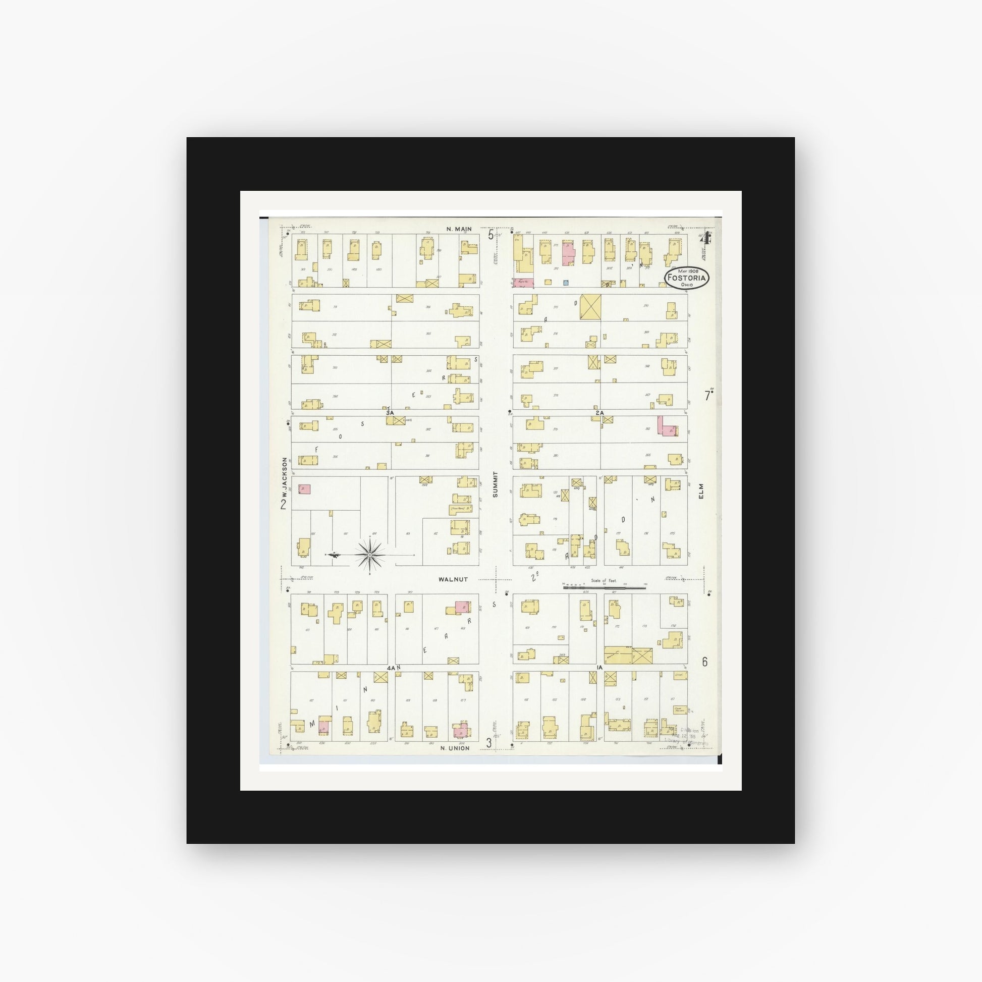 Old map wall art mockup — black gallery frame with white mat — Sanborn Fire Insurance Map from Fostoria, Seneca, Hancock, And Wood Counties, Ohio (1908), Sheet #0004