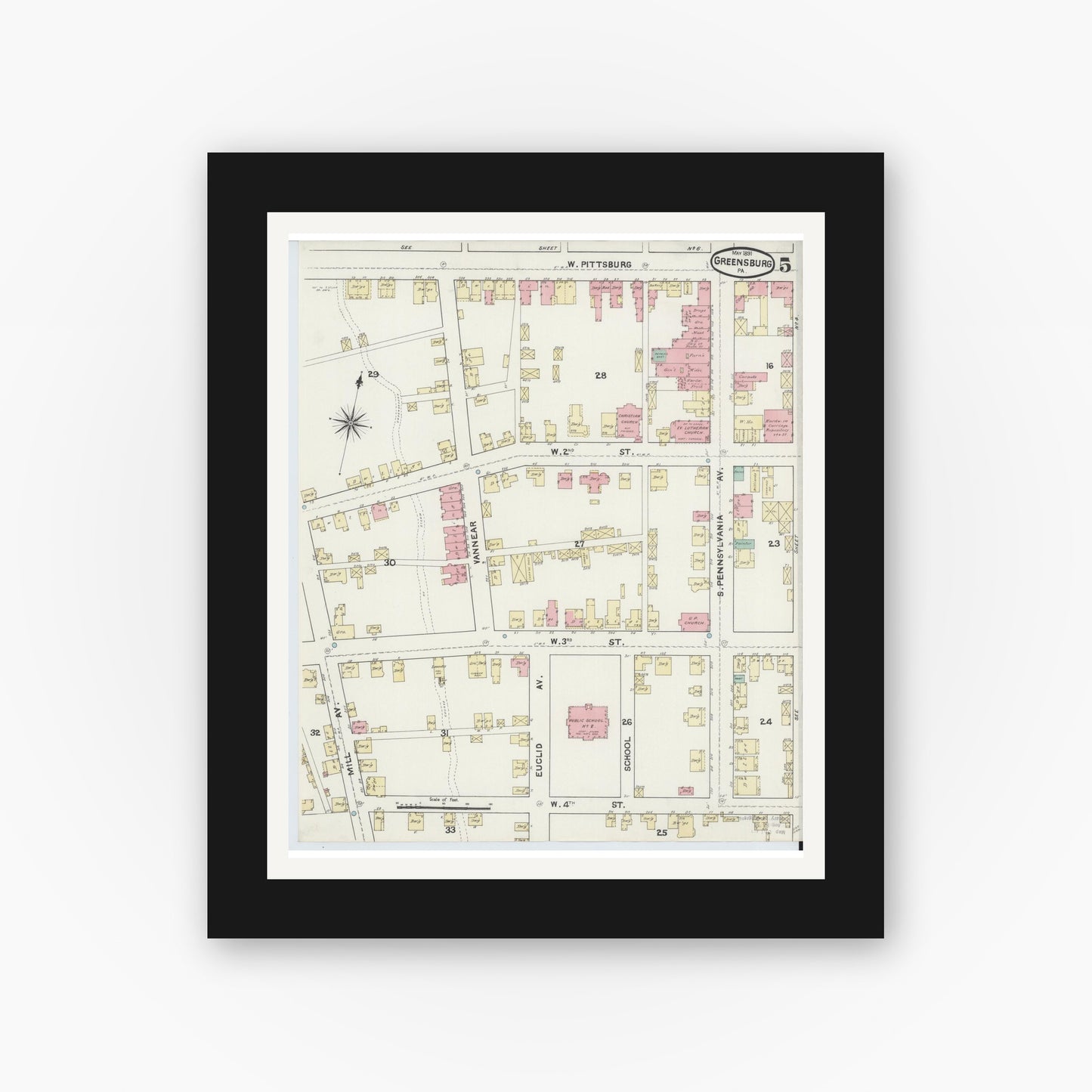 Old map wall art mockup — black gallery frame with white mat — Sanborn Fire Insurance Map from Greensburg, Westmoreland County, Pennsylvania (1891), Sheet #0005