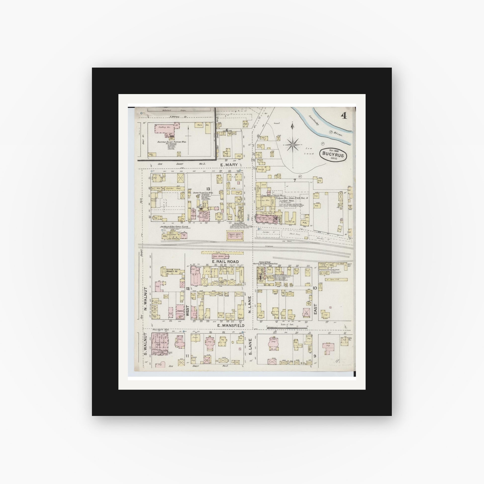 Old map wall art mockup — black gallery frame with white mat — Sanborn Fire Insurance Map from Bucyrus, Crawford County, Ohio (1888), Sheet #0004