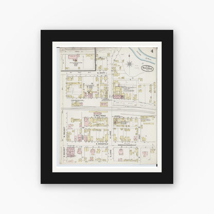 Old map wall art mockup — black gallery frame with white mat — Sanborn Fire Insurance Map from Bucyrus, Crawford County, Ohio (1888), Sheet #0004