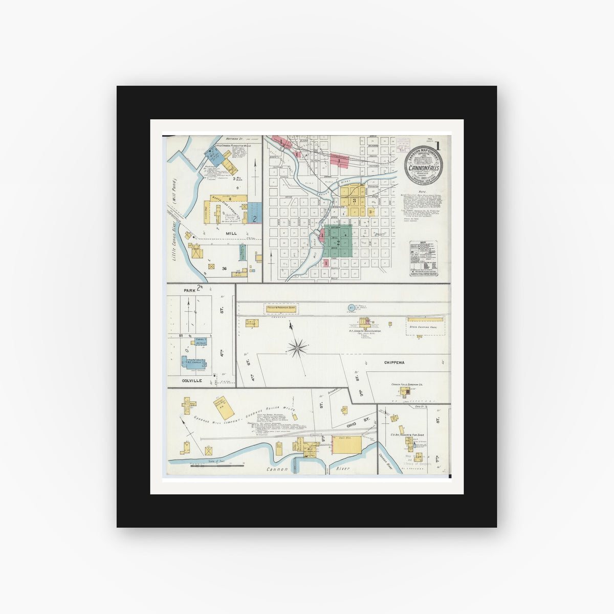 Old map wall art mockup — black gallery frame with white mat — Sanborn Fire Insurance Map from Cannon Falls, Goodhue County, Minnesota (1905) - Complete Map Set