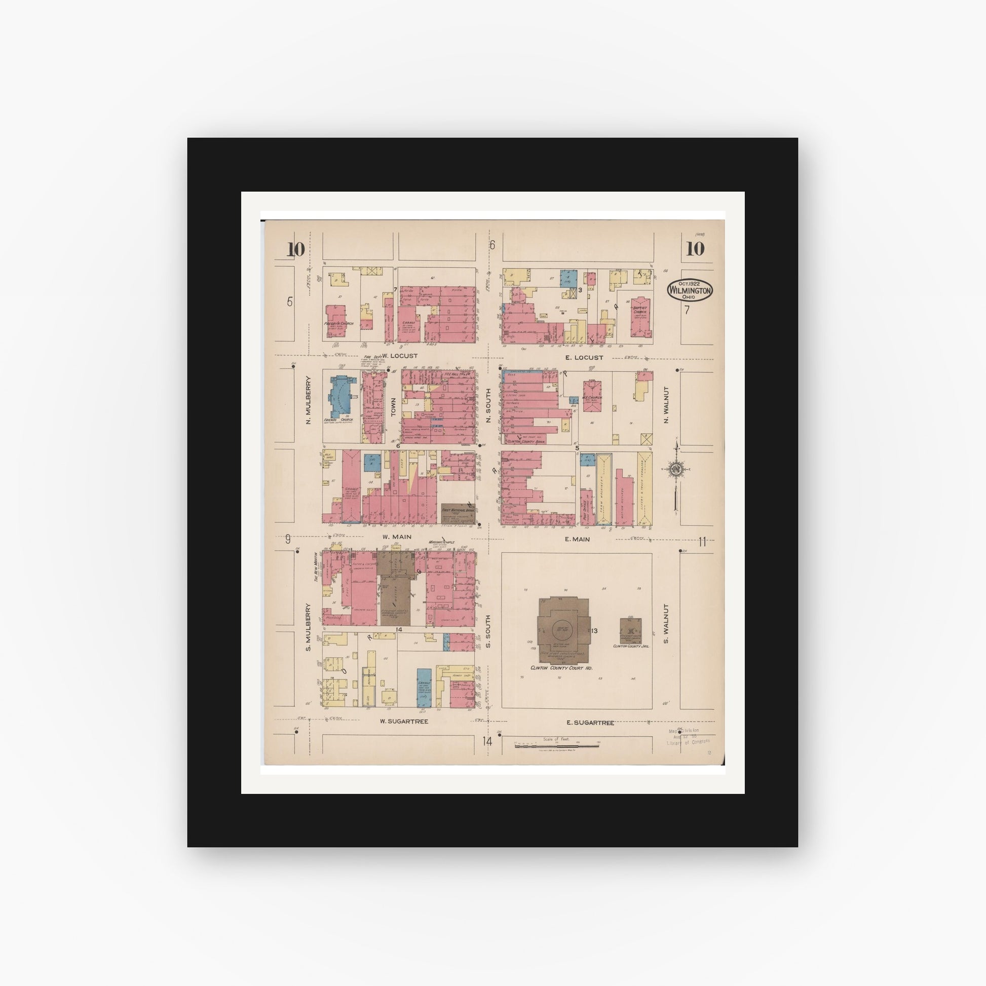 Old map wall art mockup — black gallery frame with white mat — Sanborn Fire Insurance Map from Wilmington, Clinton County, Ohio (1922), Sheet #0010
