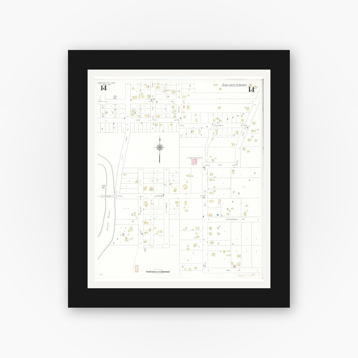 Old map wall art mockup — black gallery frame with white mat — Sanborn Fire Insurance Map from Webster City, Hamilton County, Iowa (1938), Sheet #0014