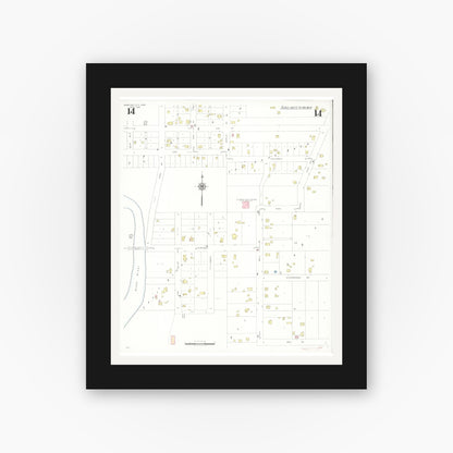 Old map wall art mockup — black gallery frame with white mat — Sanborn Fire Insurance Map from Webster City, Hamilton County, Iowa (1938), Sheet #0014