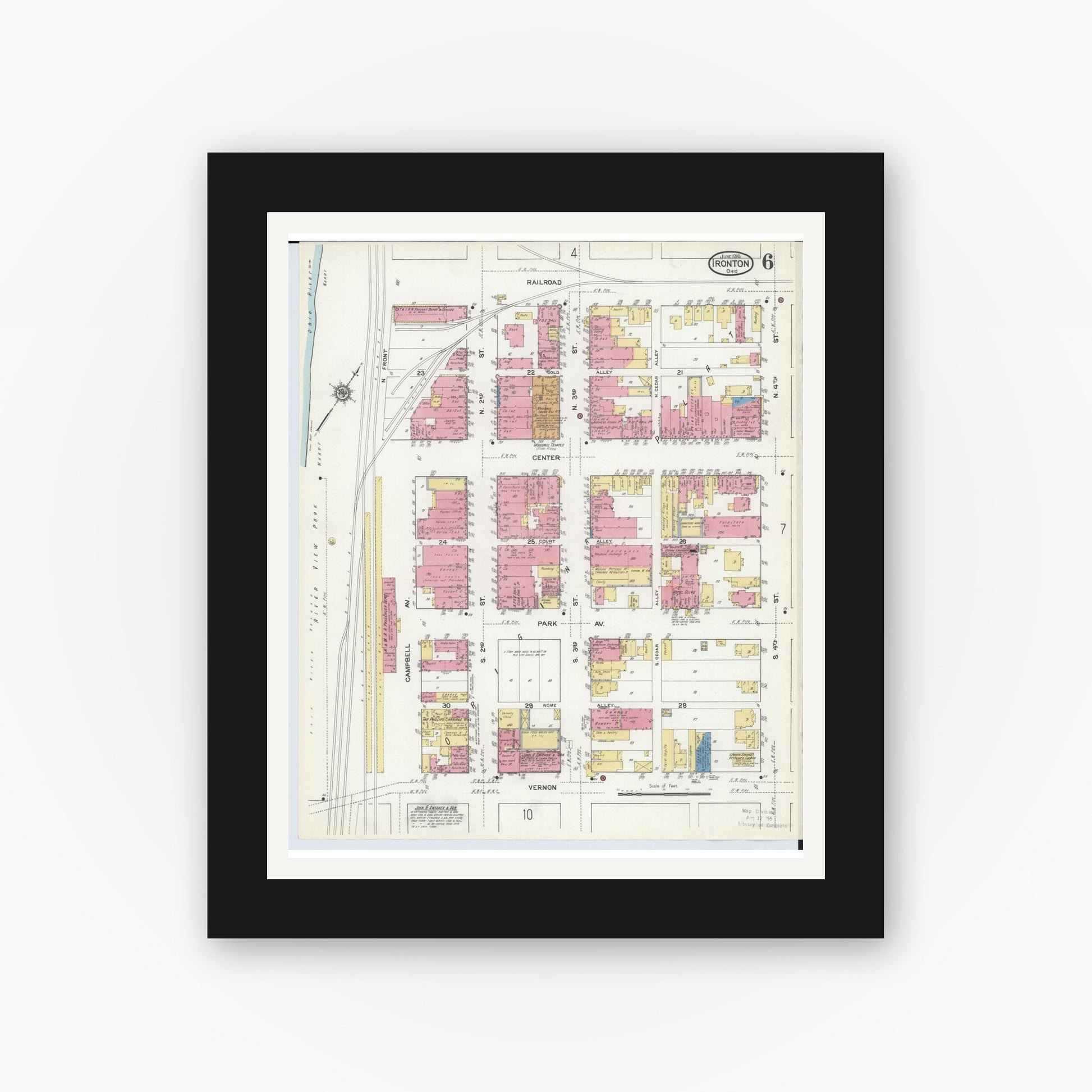 Old map wall art mockup — black gallery frame with white mat — Sanborn Fire Insurance Map from Ironton, Lawrence County, Ohio (1916), Sheet #0006