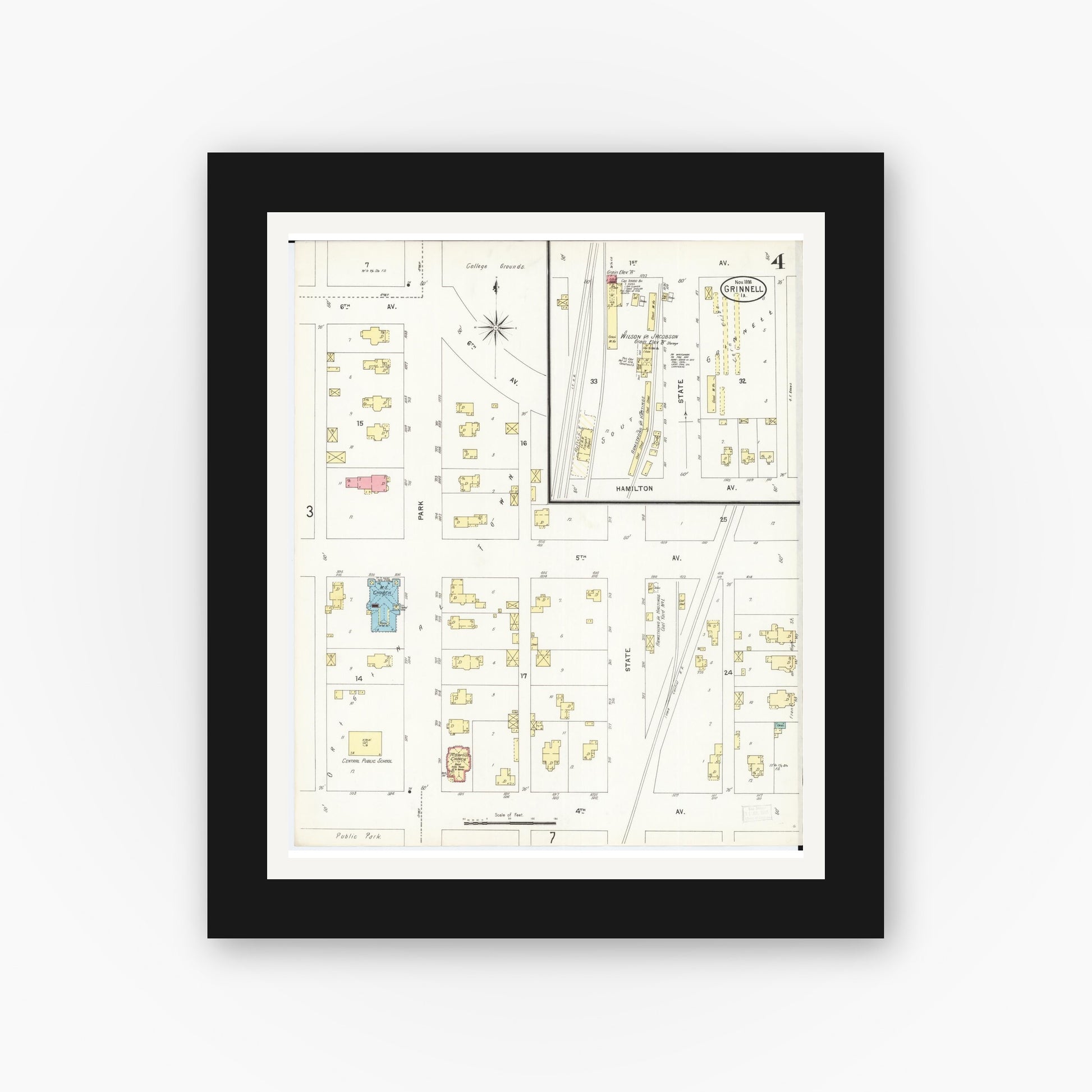 Old map wall art mockup — black gallery frame with white mat — Sanborn Fire Insurance Map from Grinnell, Poweshiek County, Iowa (1898), Sheet #0004