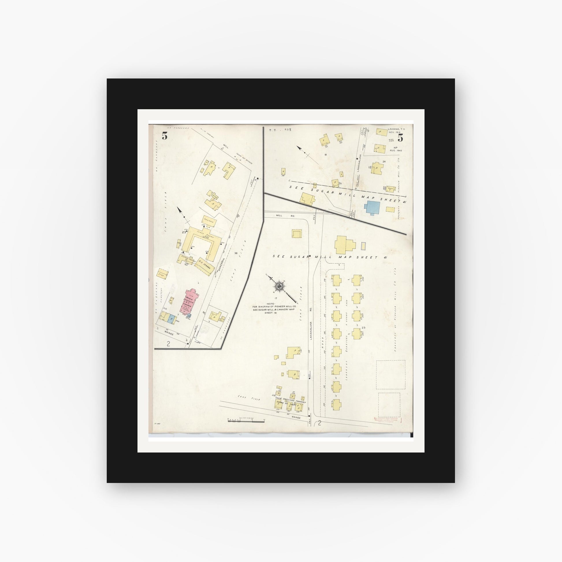 Old map wall art mockup — black gallery frame with white mat — Sanborn Fire Insurance Map from Lahaina, Maui County, Hawaii (1950), Sheet #0005