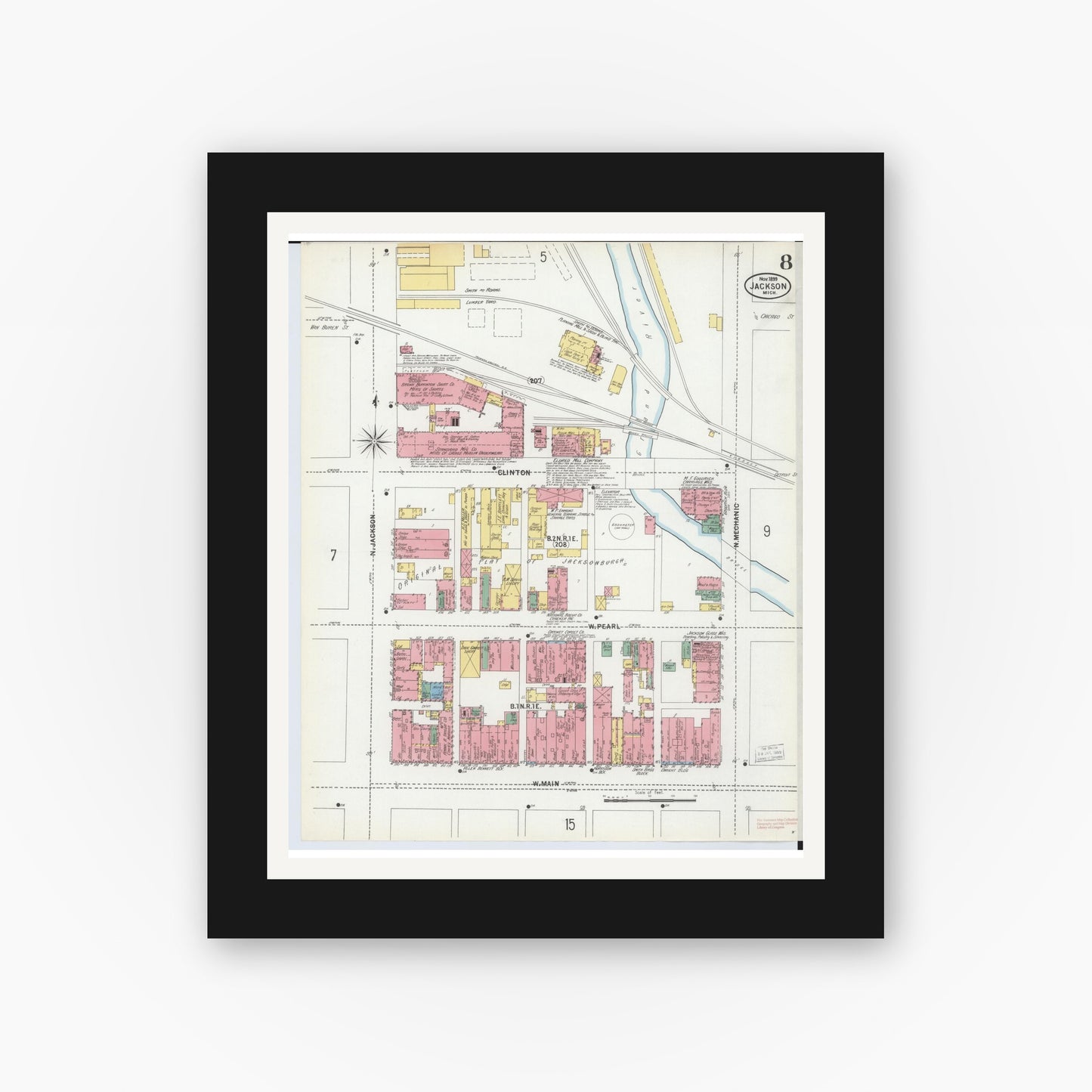 Old map wall art mockup — black gallery frame with white mat — Sanborn Fire Insurance Map from Jackson, Jackson County, Michigan (1899), Sheet #0008