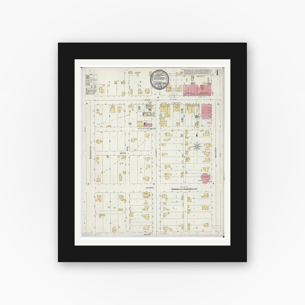 Old map wall art mockup — black gallery frame with white mat — Sanborn Fire Insurance Map from Lovington, Moultrie County, Illinois (1899) - Complete Map Set