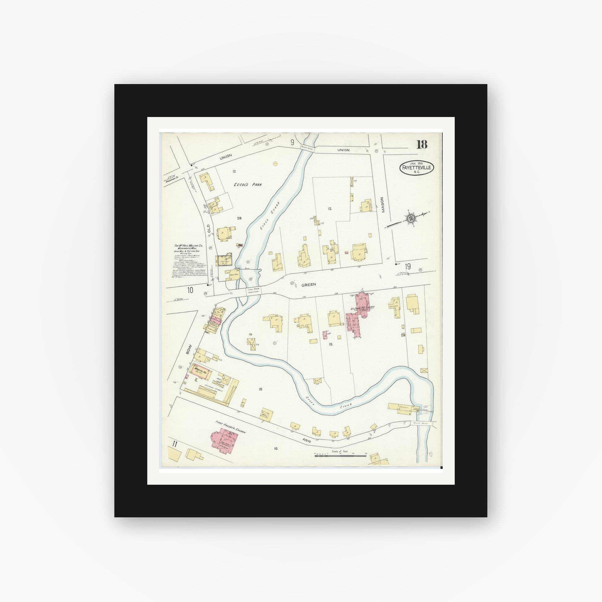 Old map wall art mockup — black gallery frame with white mat — Sanborn Fire Insurance Map from Fayetteville, Cumberland County, North Carolina (1914), Sheet #0018