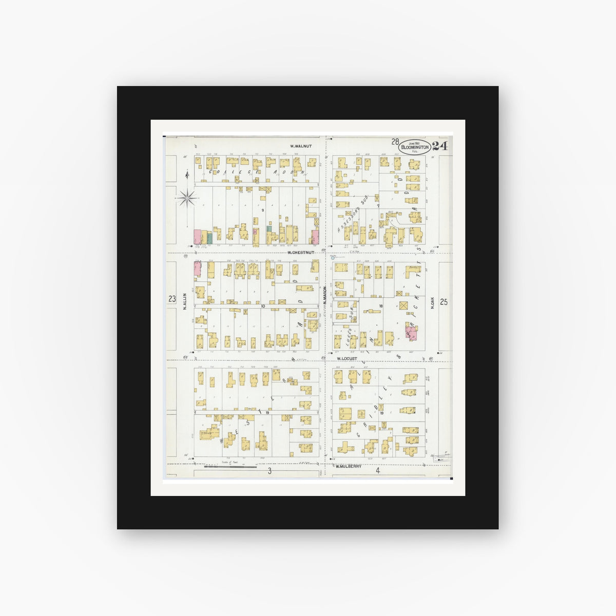Old map wall art mockup — black gallery frame with white mat — Sanborn Fire Insurance Map from Bloomington, McLean County, Illinois (1901), Sheet #0024