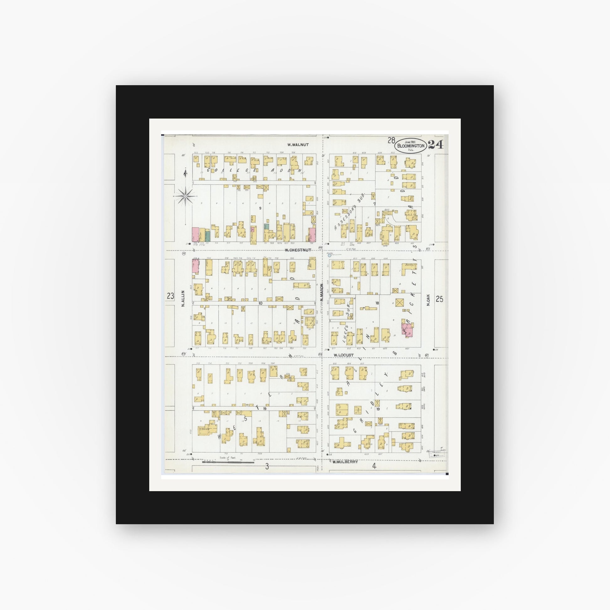 Old map wall art mockup — black gallery frame with white mat — Sanborn Fire Insurance Map from Bloomington, McLean County, Illinois (1901), Sheet #0024