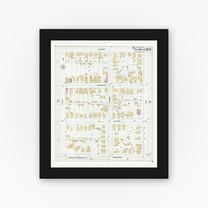 Old map wall art mockup — black gallery frame with white mat — Sanborn Fire Insurance Map from Bloomington, McLean County, Illinois (1901), Sheet #0024
